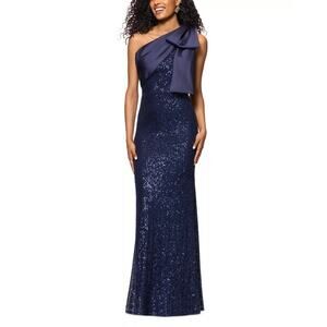 AQUA Women Navy Sequinned Shoulder Bow Evening Maxi Slim Gown Dress Size US 10